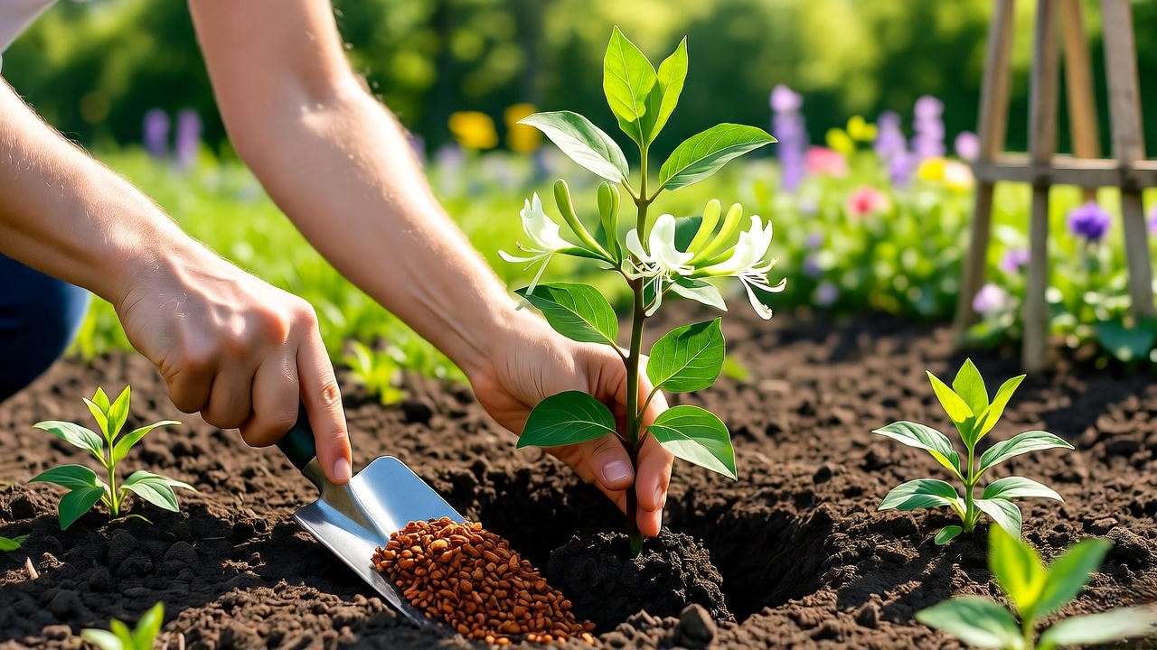 Gardener planting Scentsation honeysuckle with compost and trellis in a sunny garden."