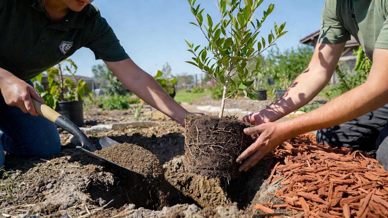 Step-by-step planting of an anacacho orchid tree in Texas with compost and mulch in a sunny garden."