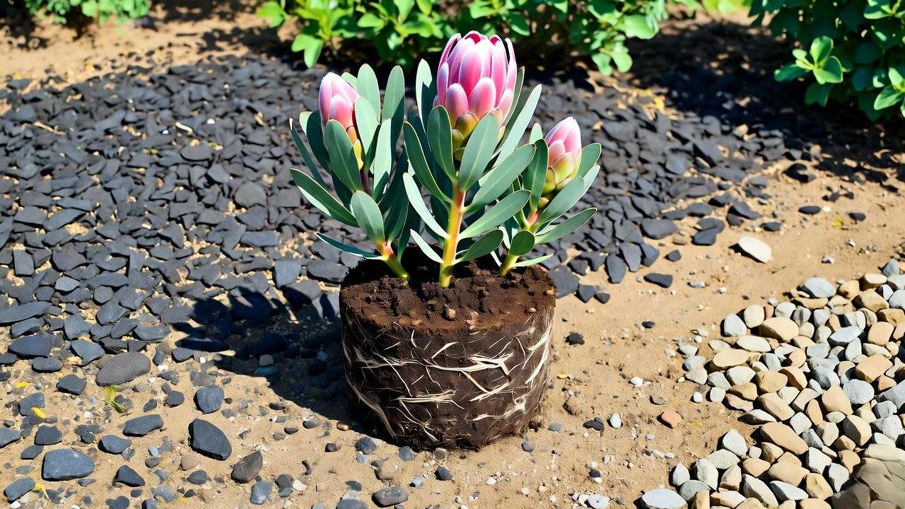 Newly planted Pink Ice Protea in well-draining soil with gravel mulch in a sunny garden."