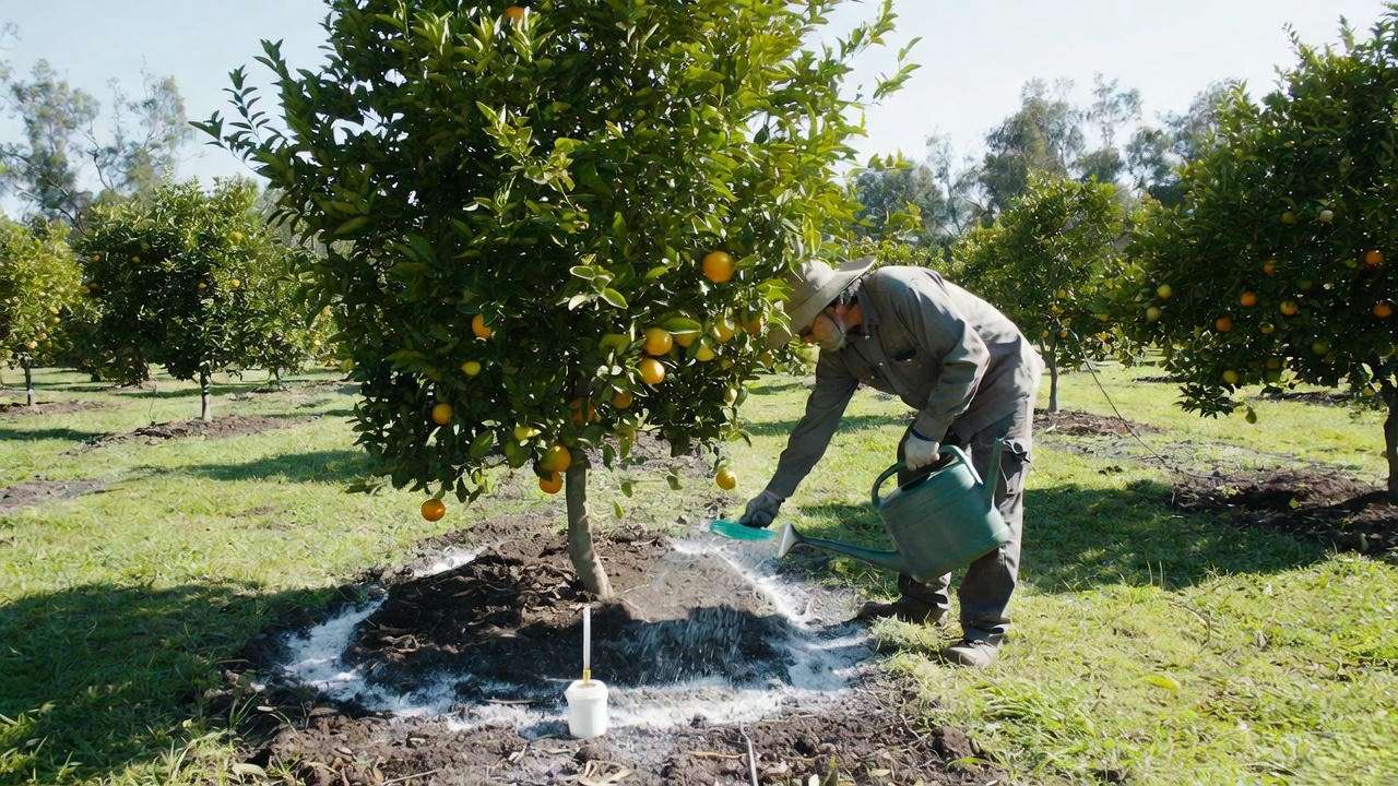 Gardener fertilizing a citrus tree with soil testing, granular spread, and watering in a sunny orchard."