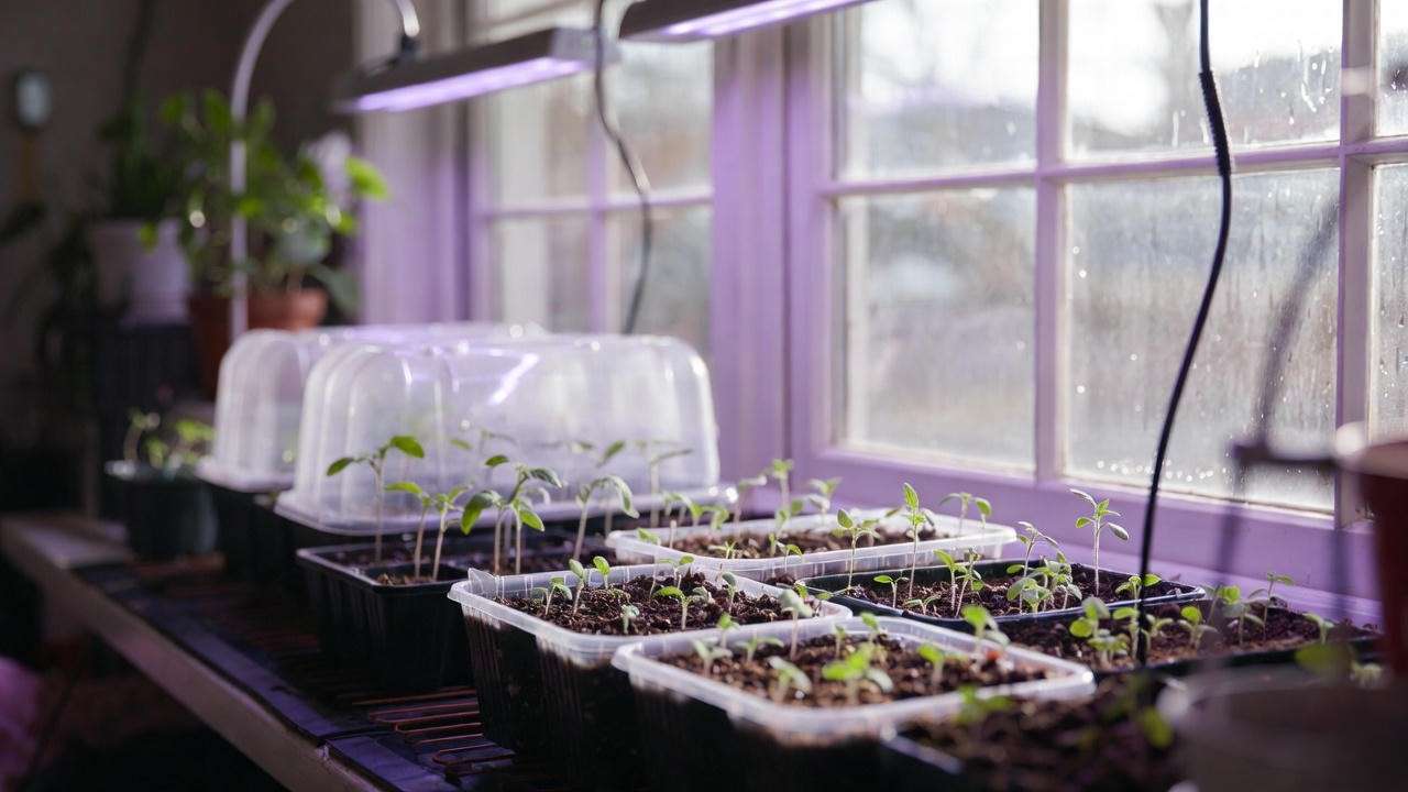 Black Prince tomato seedlings germinating under grow lights with bottom heat