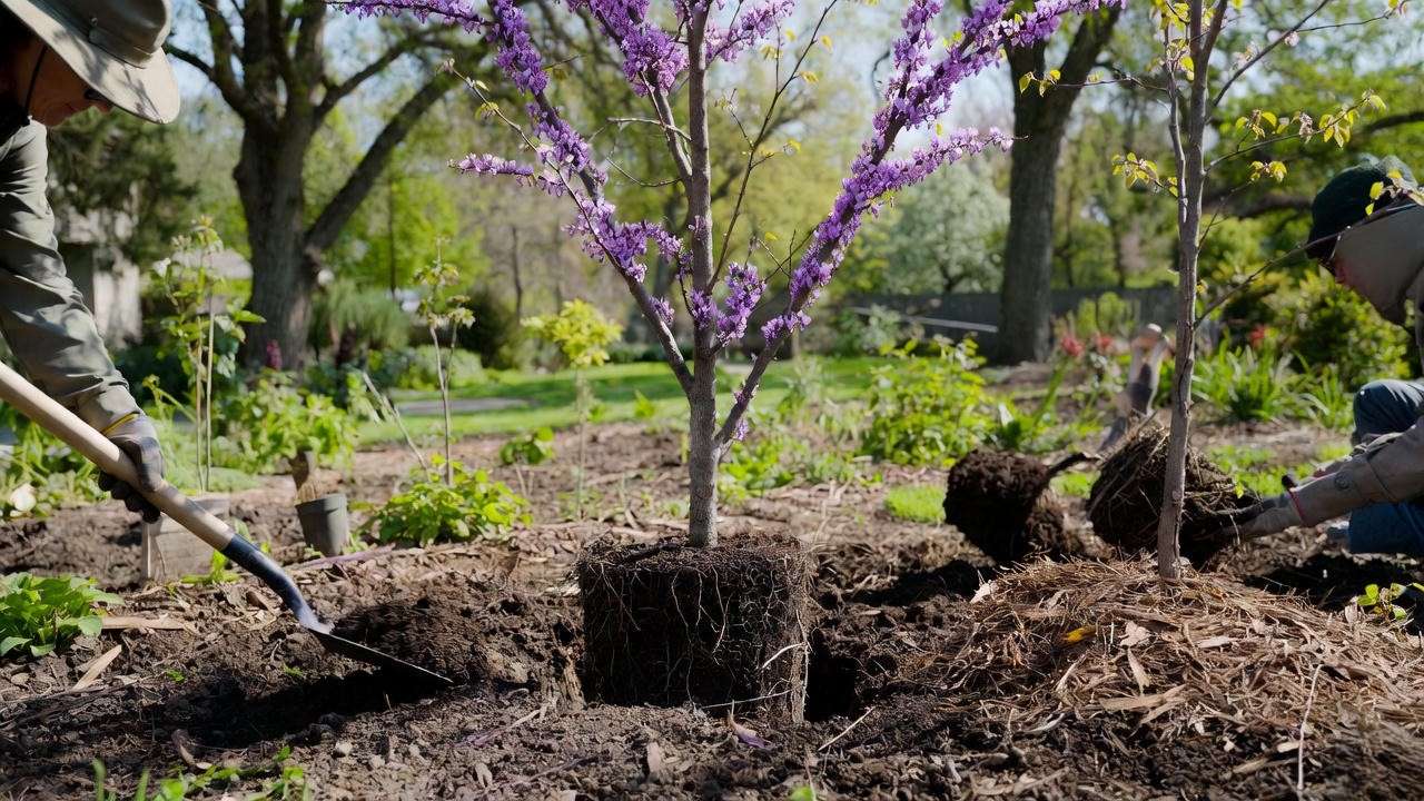 Step-by-step planting of Merlot Redbud Tree with gardener and mulch in a sunny garden."