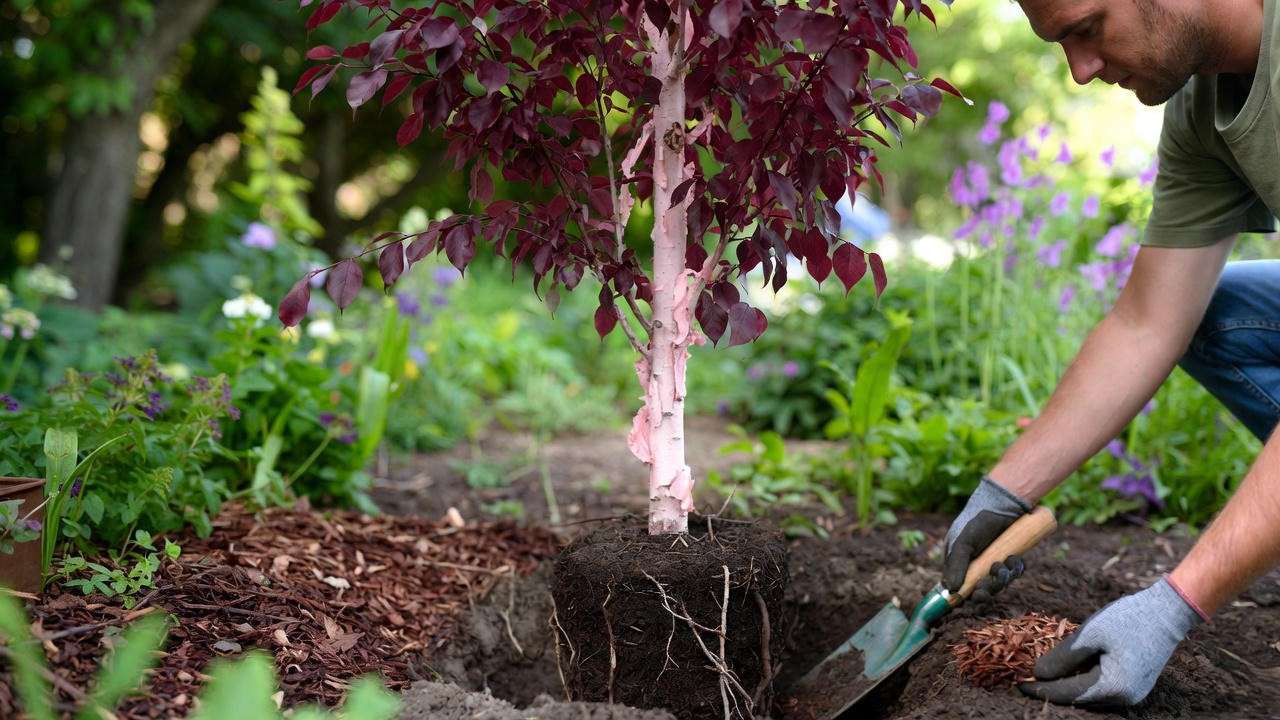 "Step-by-step planting of Betula Royal Frost Birch Tree with mulch and root ball positioning".