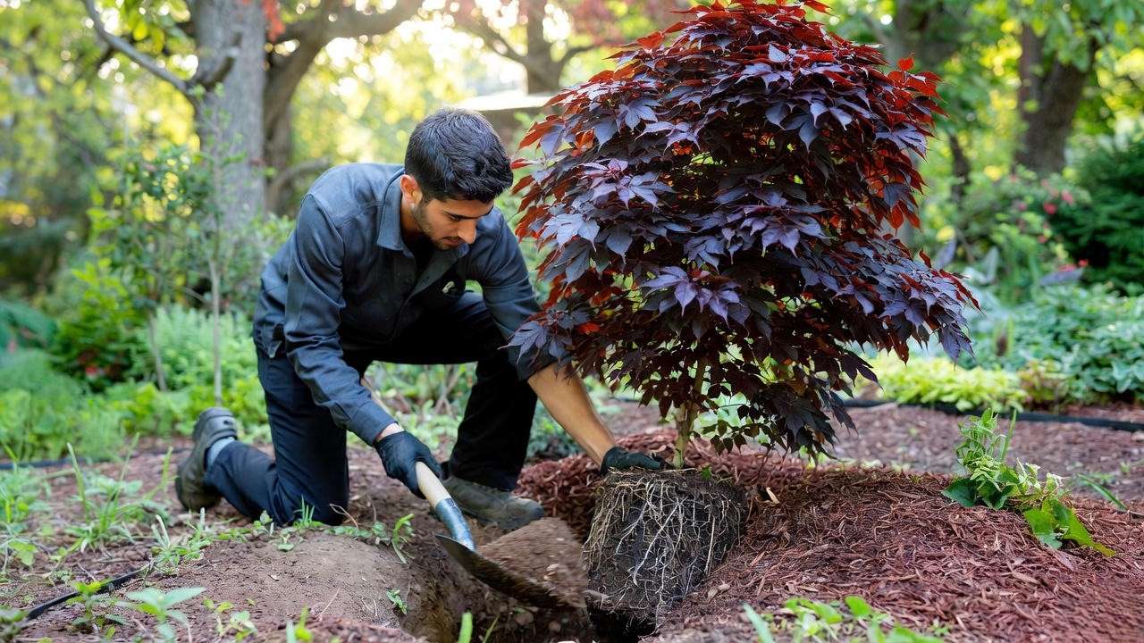 Crimson King Maple Tree planting process with mulch and root ball in a sunny garden."