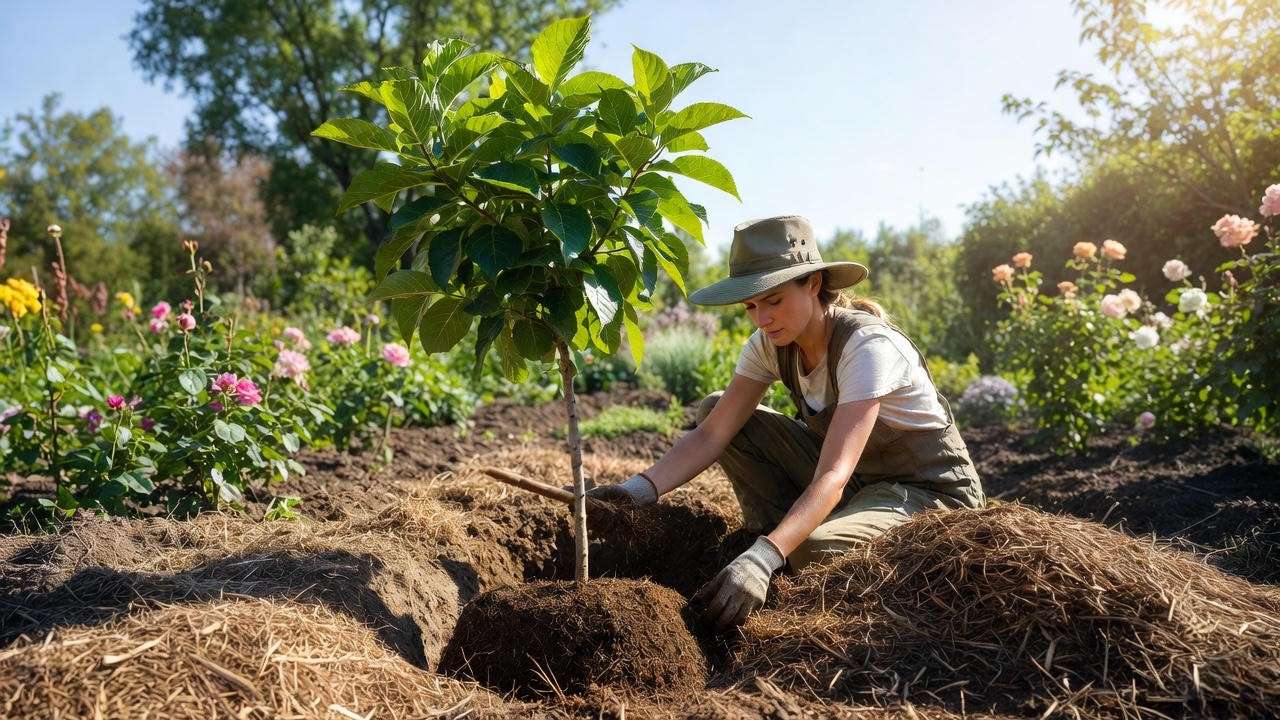 "Gardener planting a Hydrangea Paniculata tree with compost and mulch in a sunny garden."
