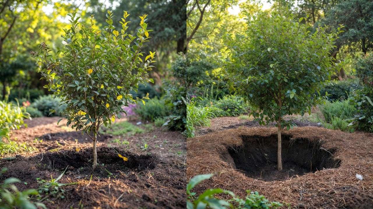 Correct vs incorrect planting depth for crepe myrtle tree – root flare must be visible