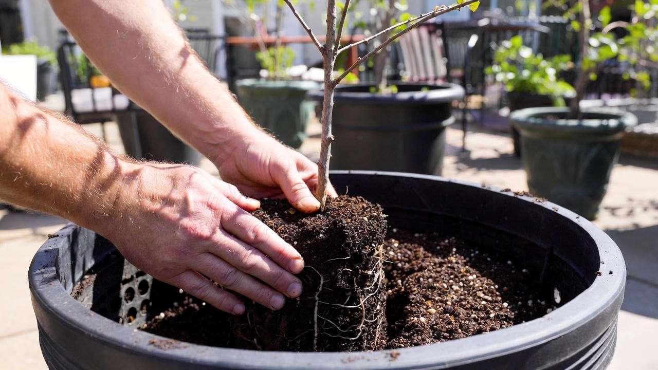 Correct planting depth for dwarf persimmon tree showing root flare above soil level