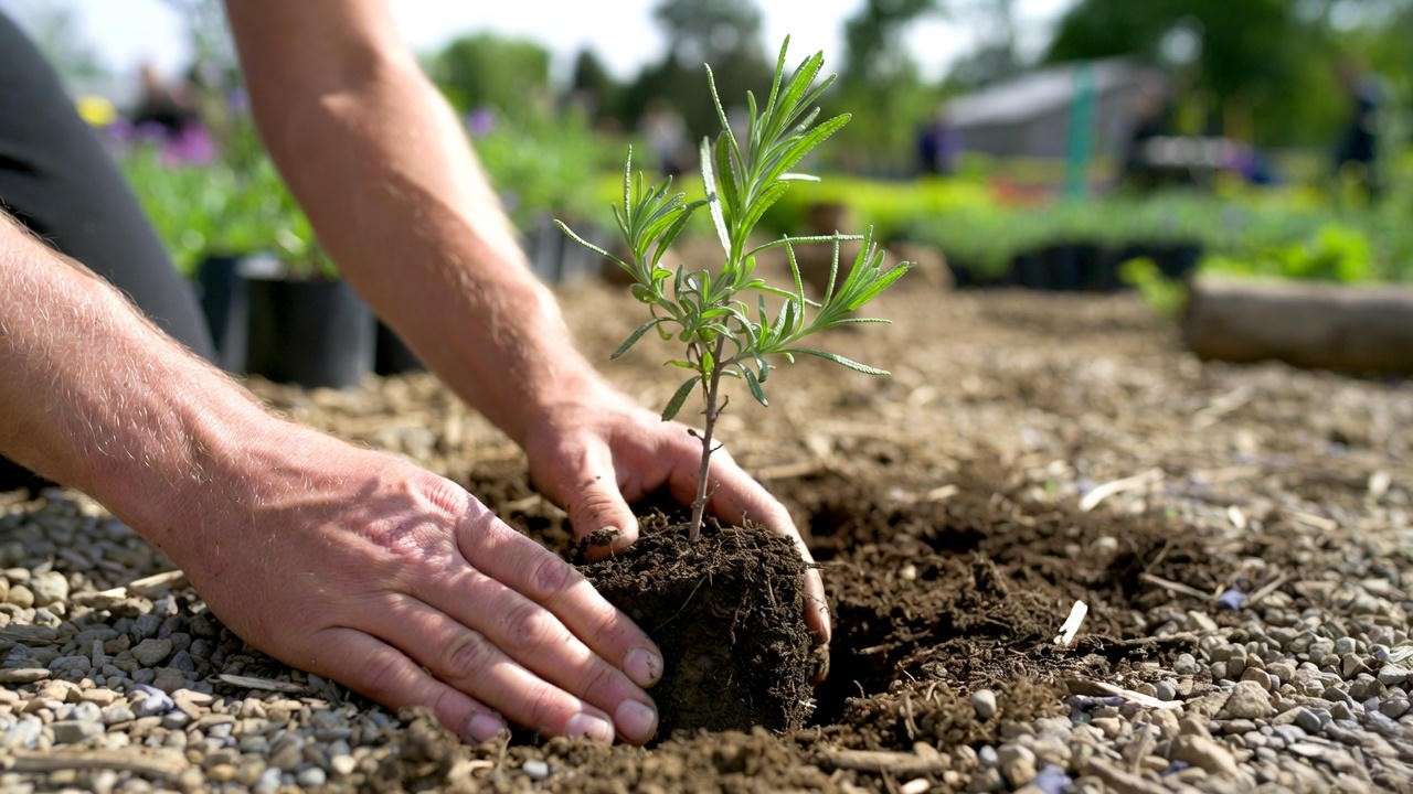Correct planting depth for Lavandula Grosso – crown at soil level with gravel mulch