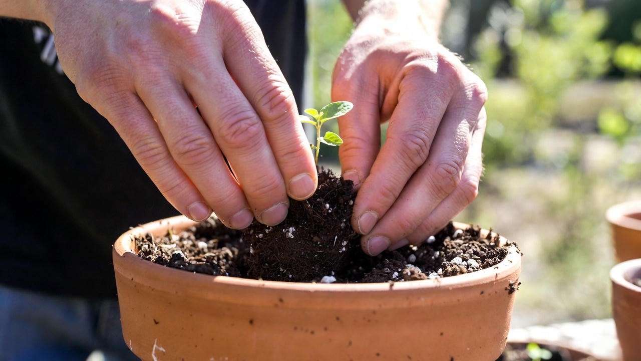 Step-by-step transplanting of ironwort seedling into fast-draining soil mix