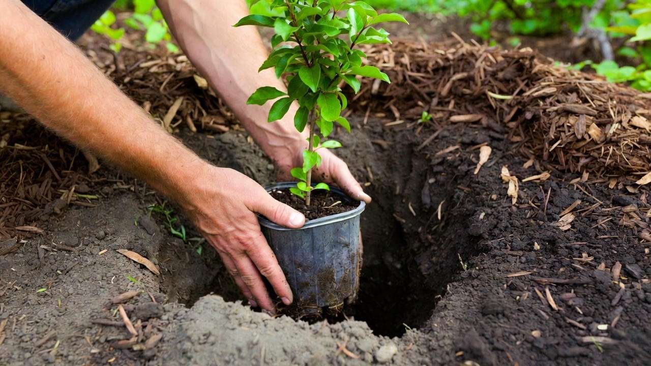 Step-by-step planting guide for Black Diamond crepe myrtle tree with proper root placement and mulch
