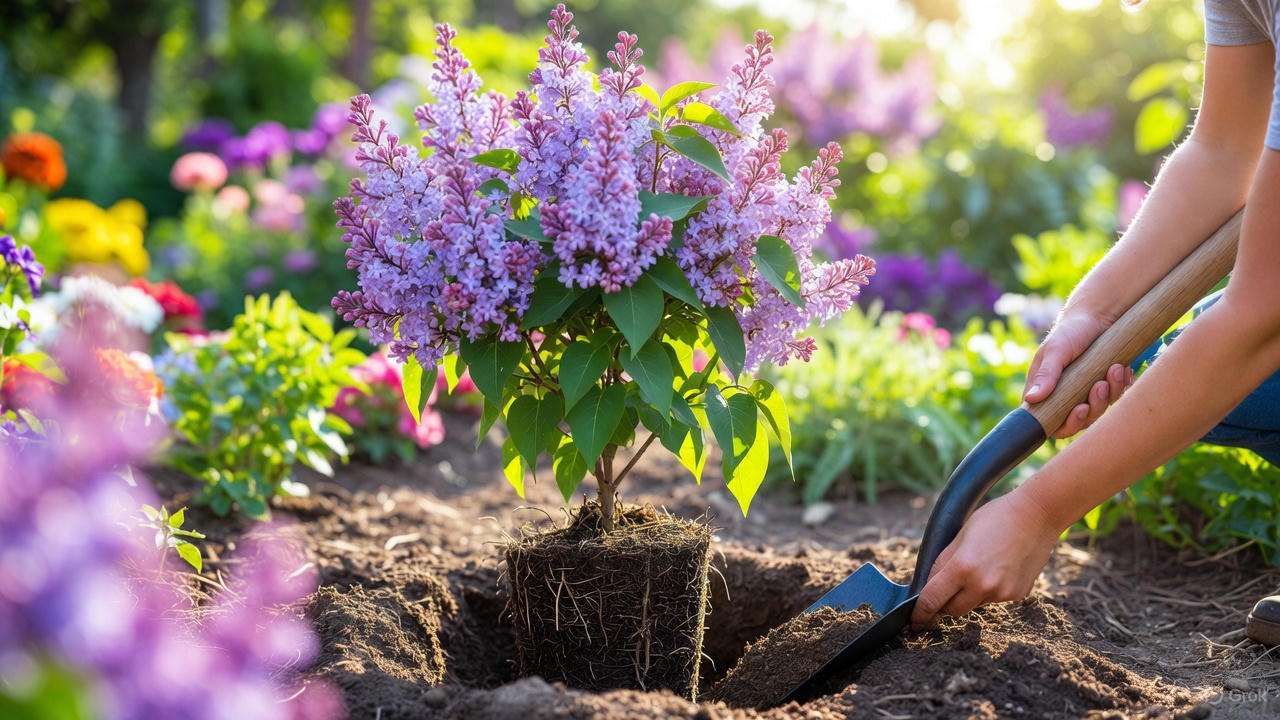 Close-up of planting a Miss Kim Lilac Tree with compost and root ball in a sunny garden.