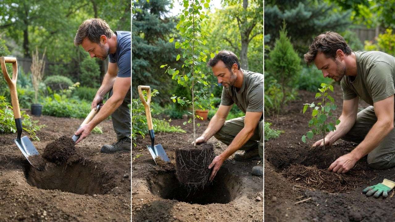 Step-by-step planting of a Swedish columnar aspen tree with digging, root ball placement, and mulching in a lush backyard."