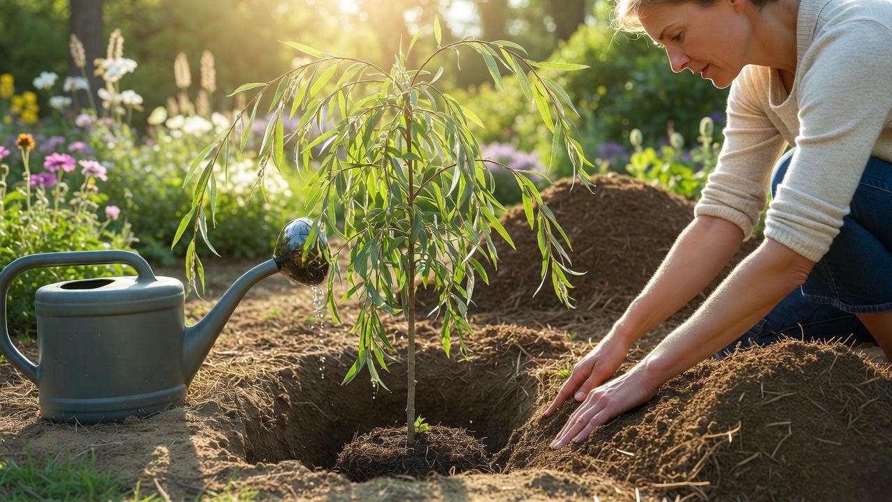 Step-by-step planting of a weeping pussy willow tree with watering can and mulch."