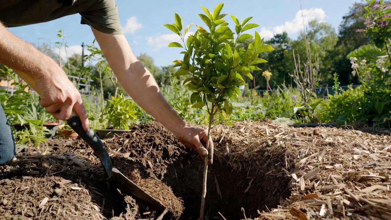 Step-by-step process of planting a blood orange citrus tree in a garden."