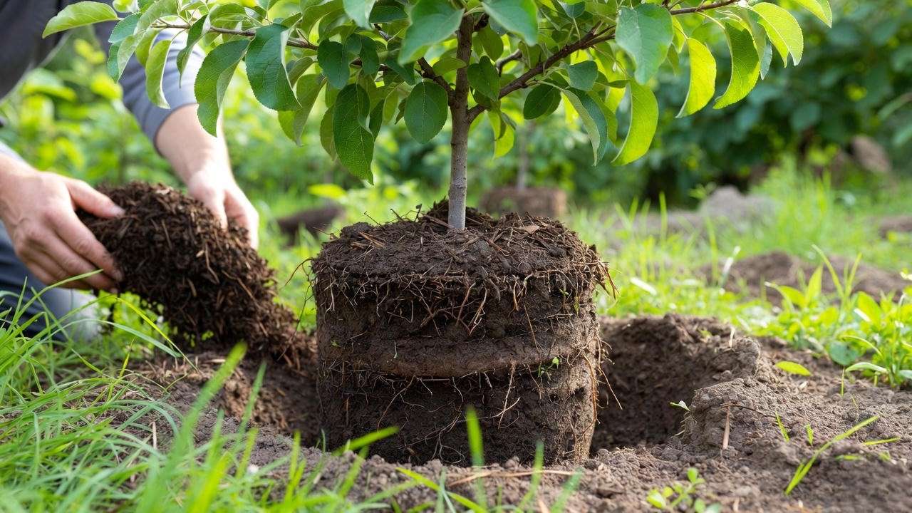 Close-up of planting an Apple Pink Lady tree with compost and mulch in loamy soil"