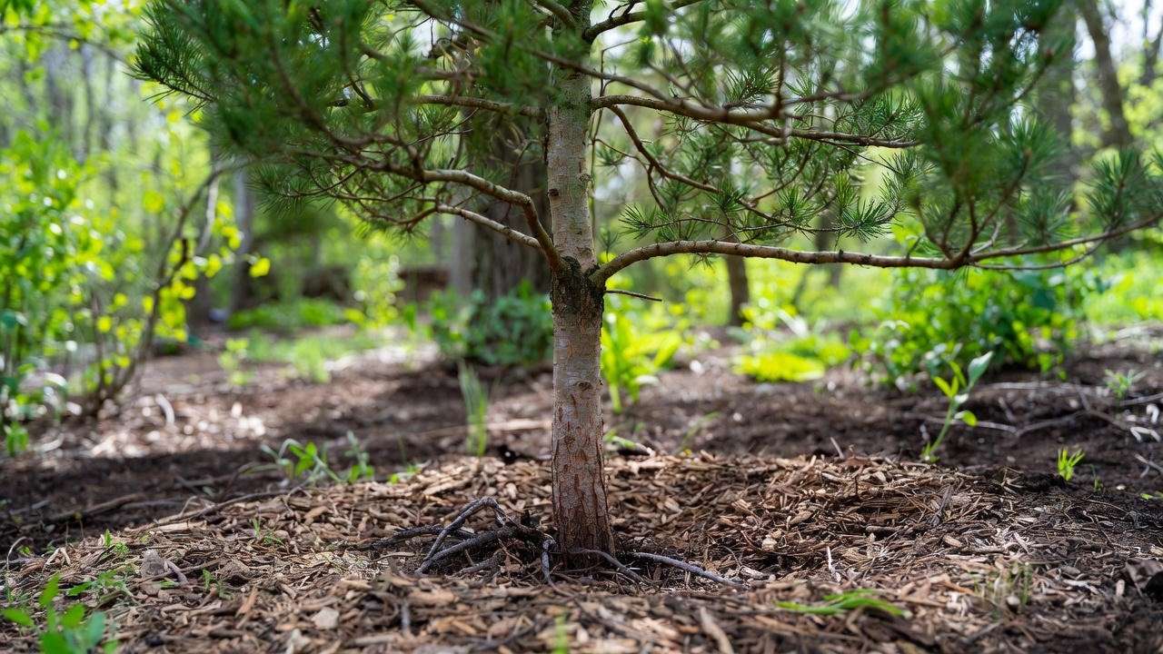 Correctly planted Thunderhead pine tree showing proper root flare and mulch ring