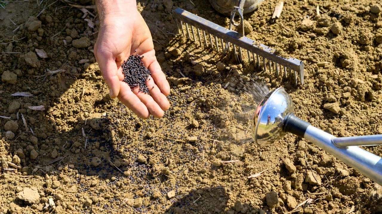 Step-by-step clover planting: broadcasting seed, light raking, and gentle watering