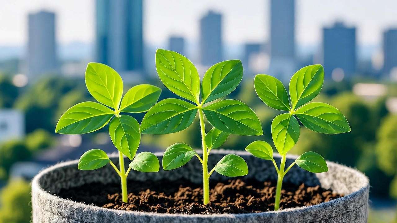 Niger seed plant seedlings in fabric pot for container balcony gardening