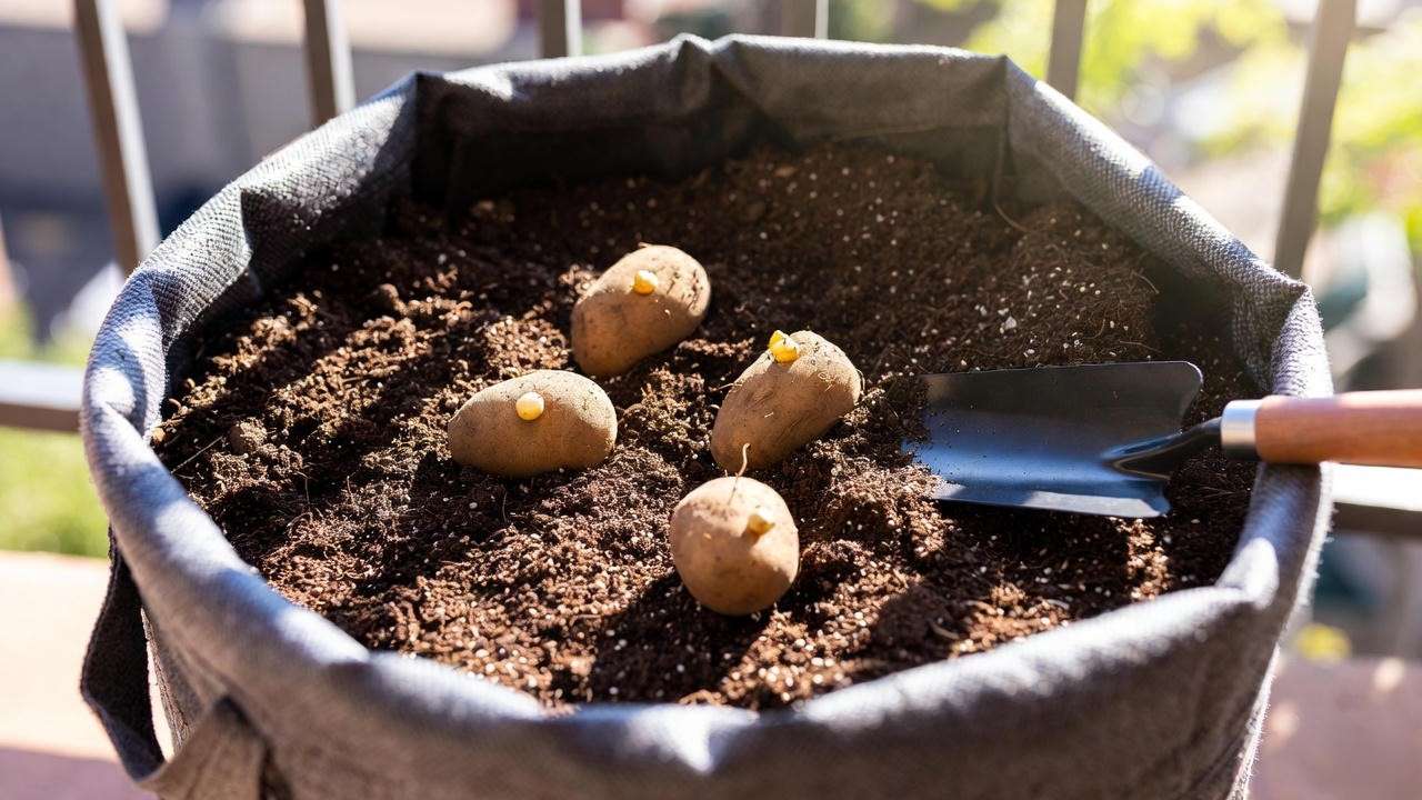 Placing seed potatoes eyes up in a grow bag during planting