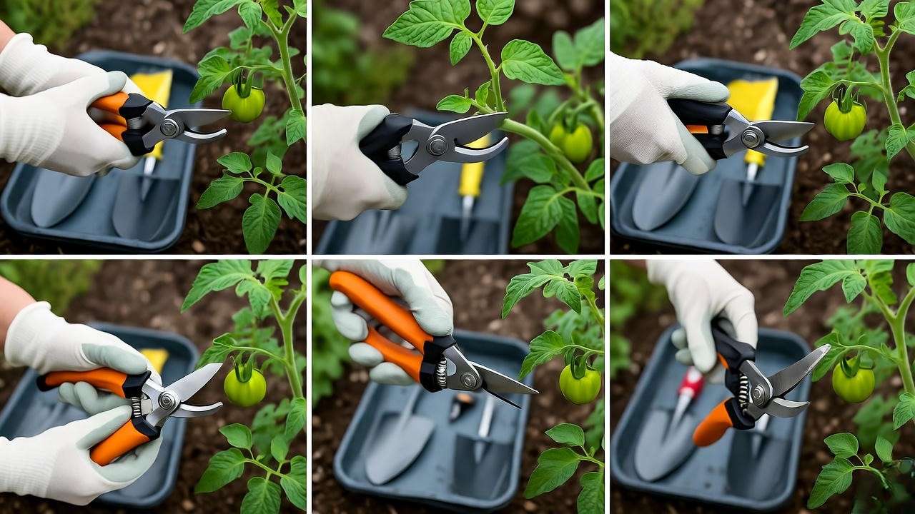 Gardener using sterilized shears to prune tomato plant at 45-degree angle with tool tray."