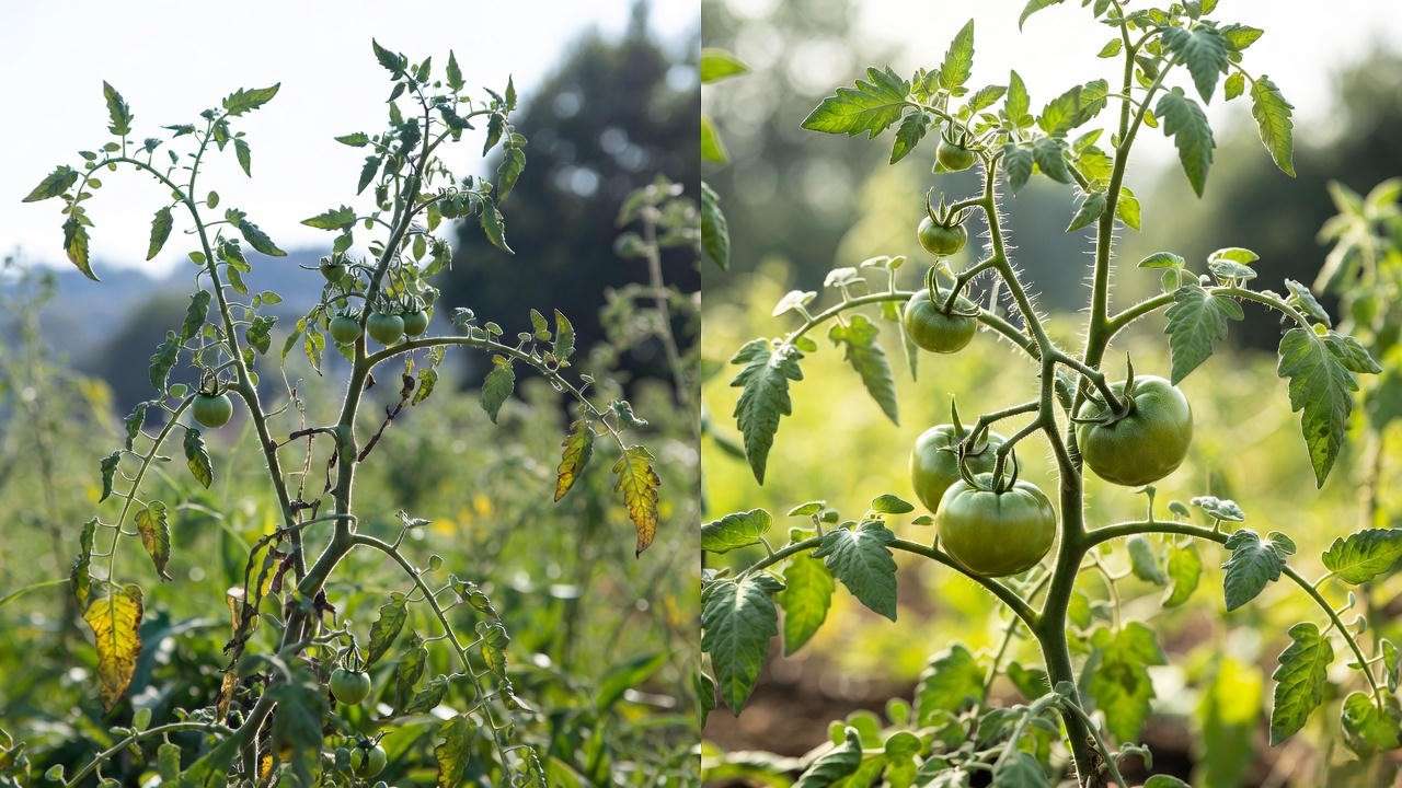 Before and after pruning tomato plant – dramatic increase in fruit size and health