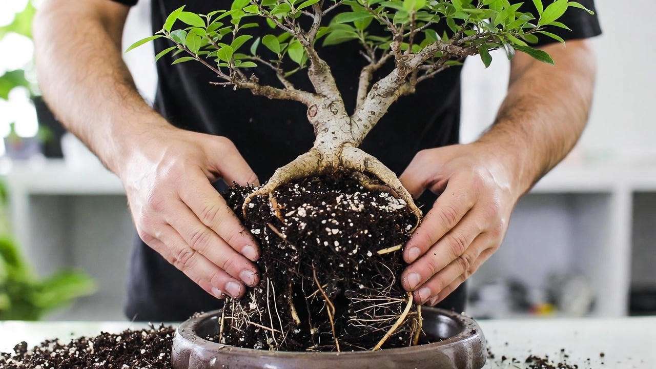 Hands repotting a pomegranate bonsai tree into a shallow pot with fresh soil and trimmed roots"