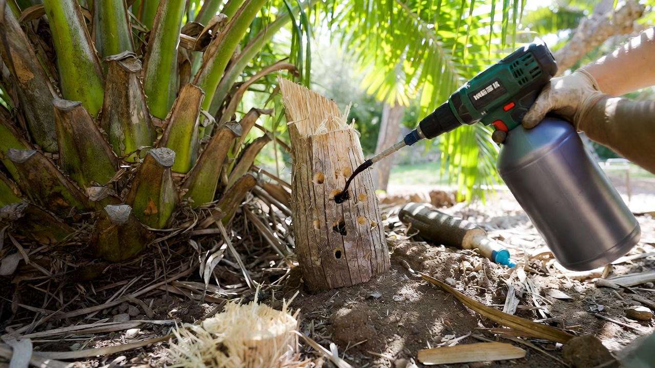 Drill-and-fill herbicide method to permanently remove banana sucker from palm tree base