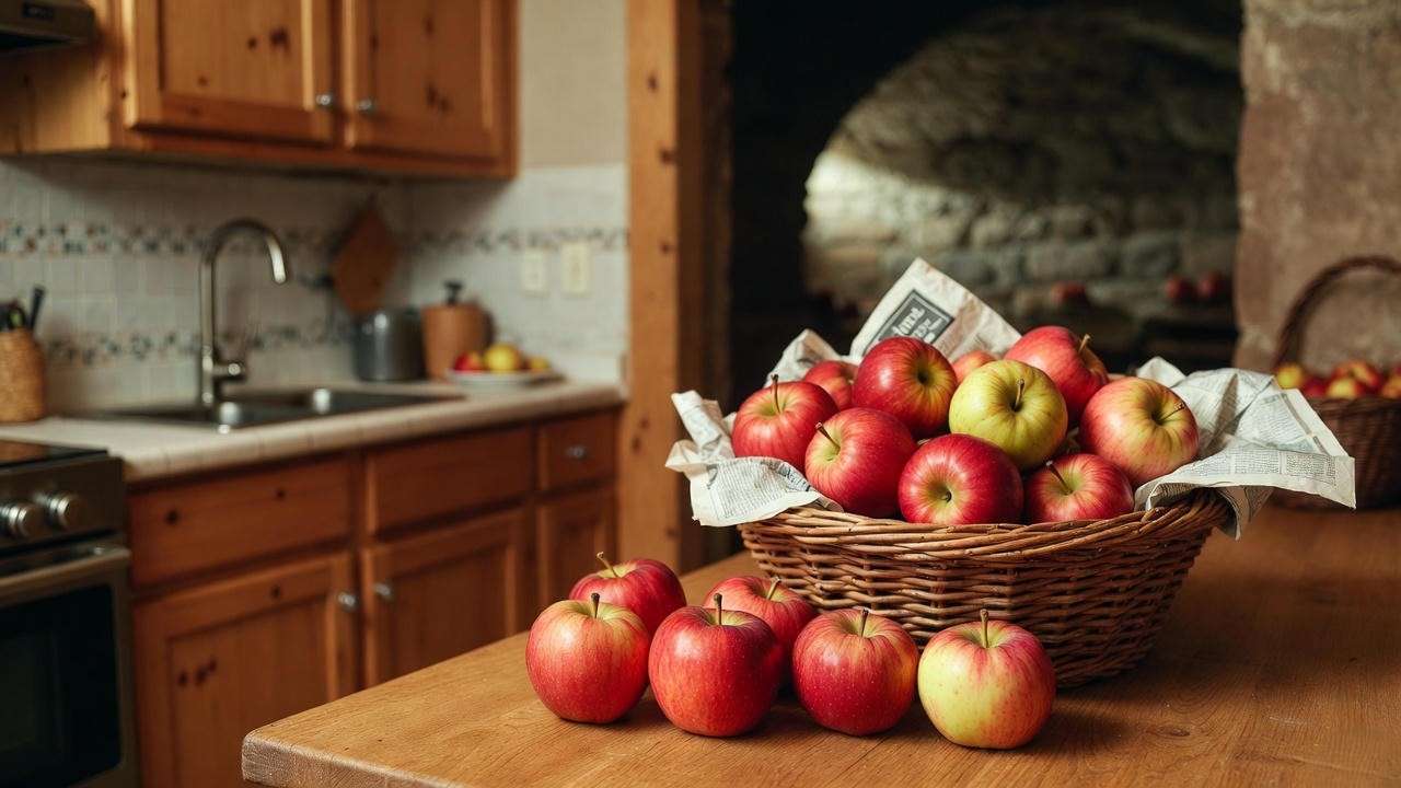 Basket of Pink Lady apples wrapped in newspaper for storage"