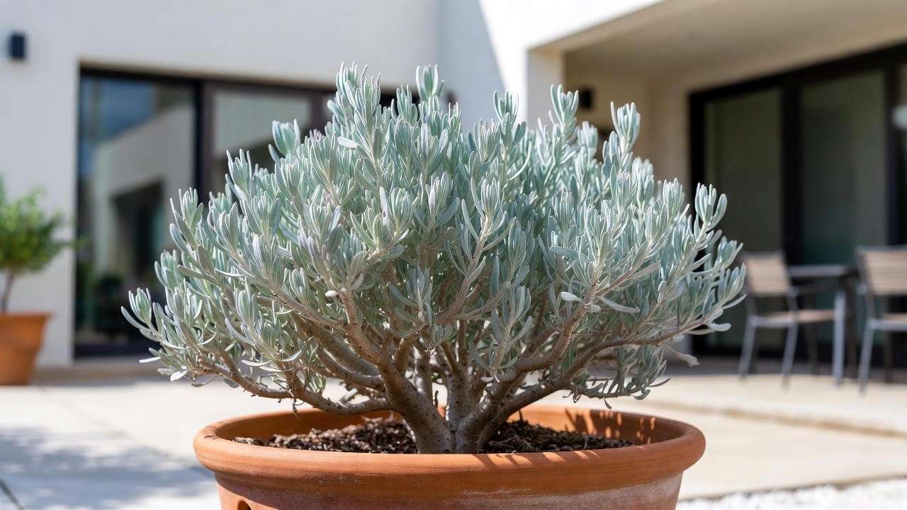 Gopher plant (Euphorbia rigida) growing beautifully in a container on a sunny patio