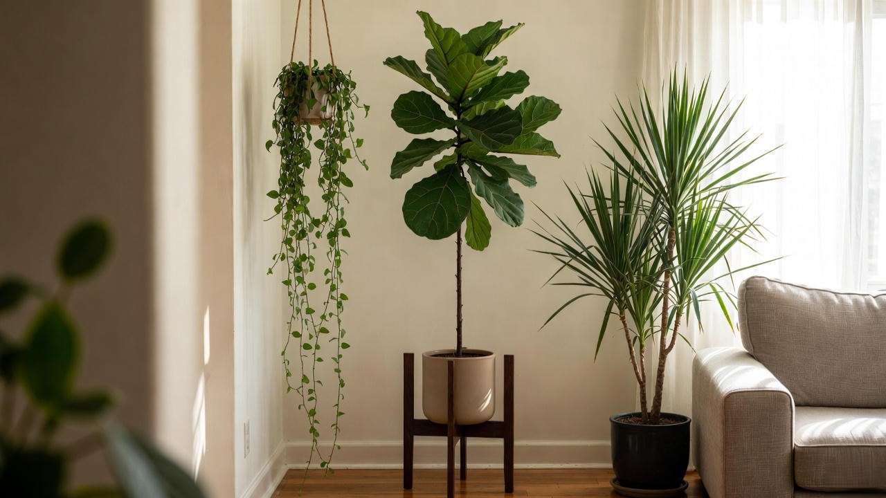 all succulent plants styled as dramatic focal points in modern living room