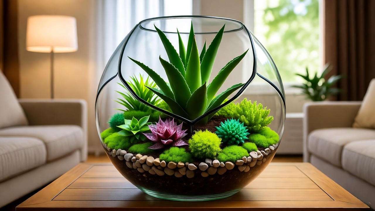 Kermit Plant in a modern terrarium on a coffee table with other plants."