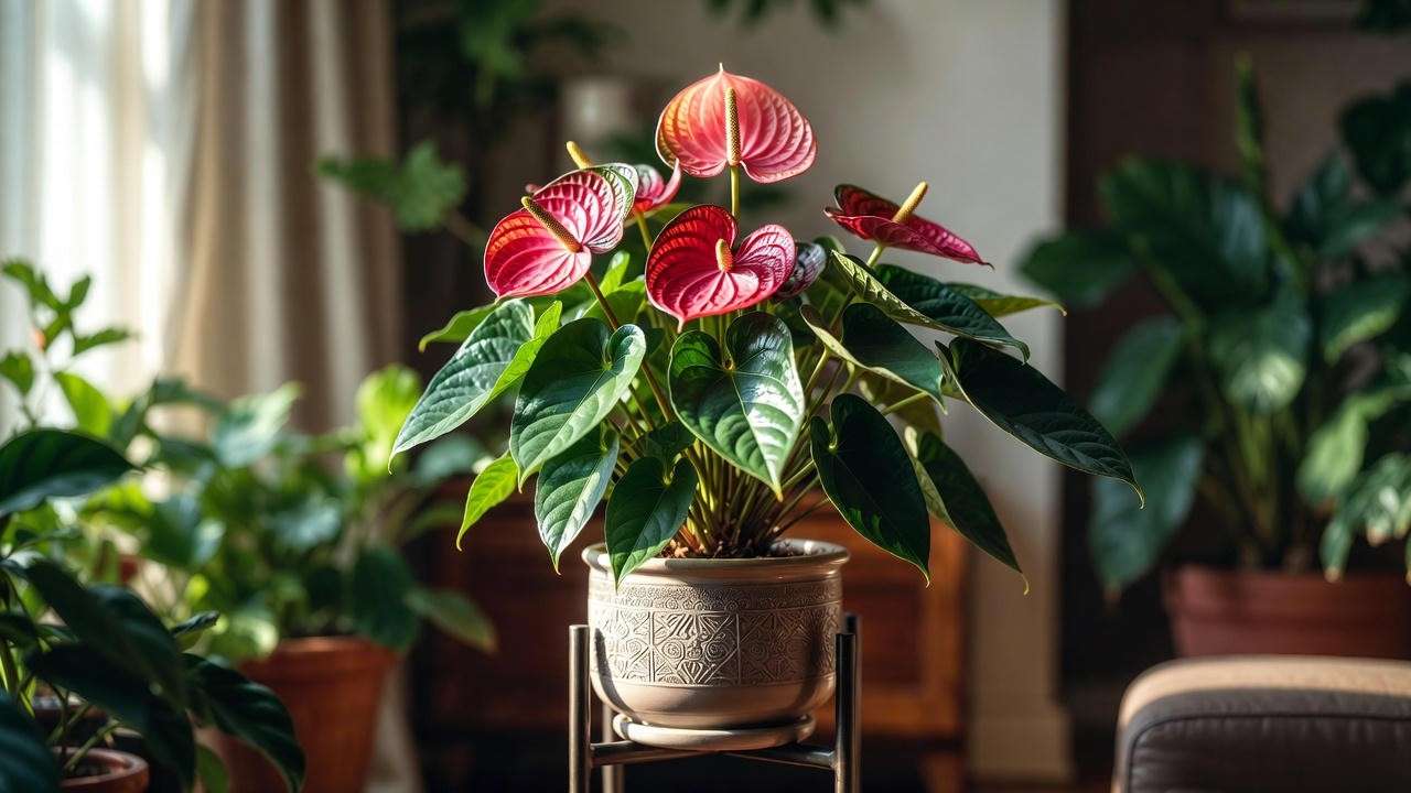 Styled Painters Palette plant in a ceramic pot on a modern stand."