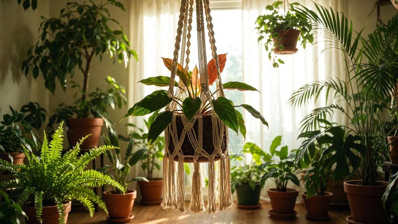 Philodendron Red plant in a stylish macramé hanging basket"