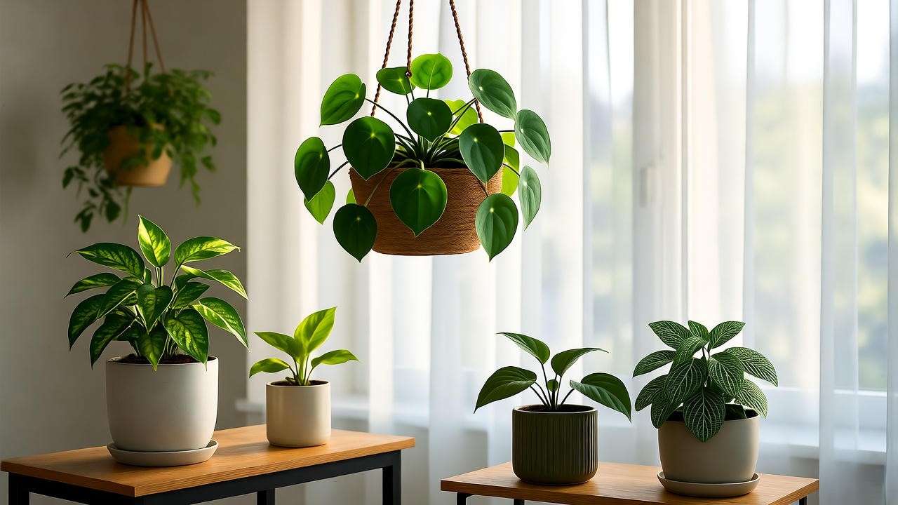 Pilea glauca in a hanging basket with pothos and fittonia in minimalist pots"