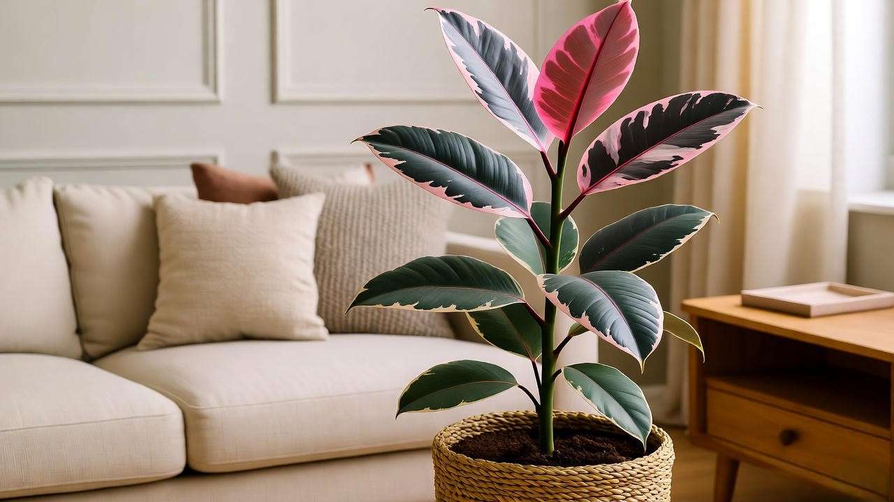 Stylish rubber plant pink in a woven basket pot, enhancing modern living room decor with vibrant variegated leaves.