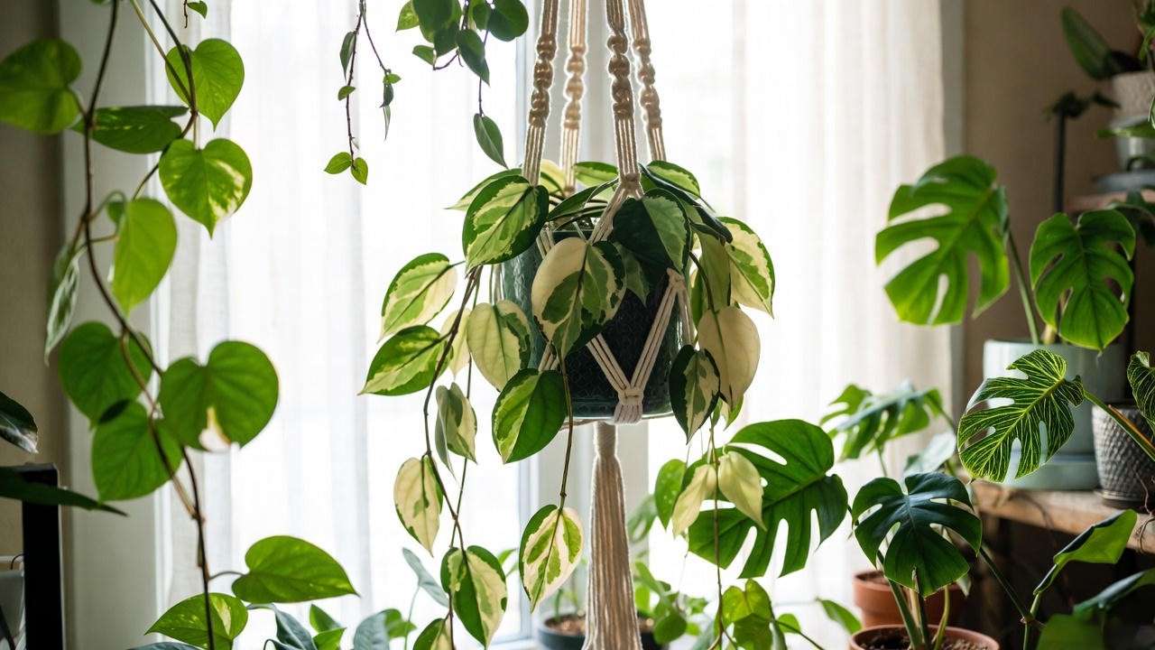 Variegated heart hoya in macramé hanger with other houseplants near window."