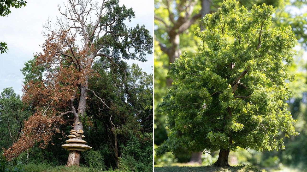 Before and after fungal treatment showing tree recovery from mushroom in the tree infectio