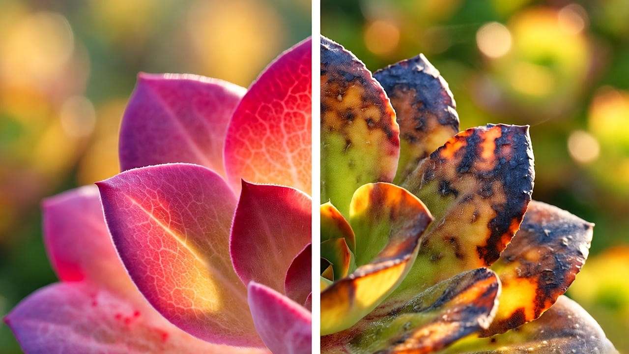 Neon sedum good sun stress vs sunburn damage on leaves macro comparison