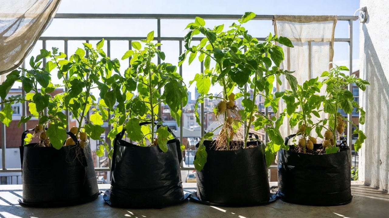 Potato grow bags positioned for optimal sunlight on a small balcony