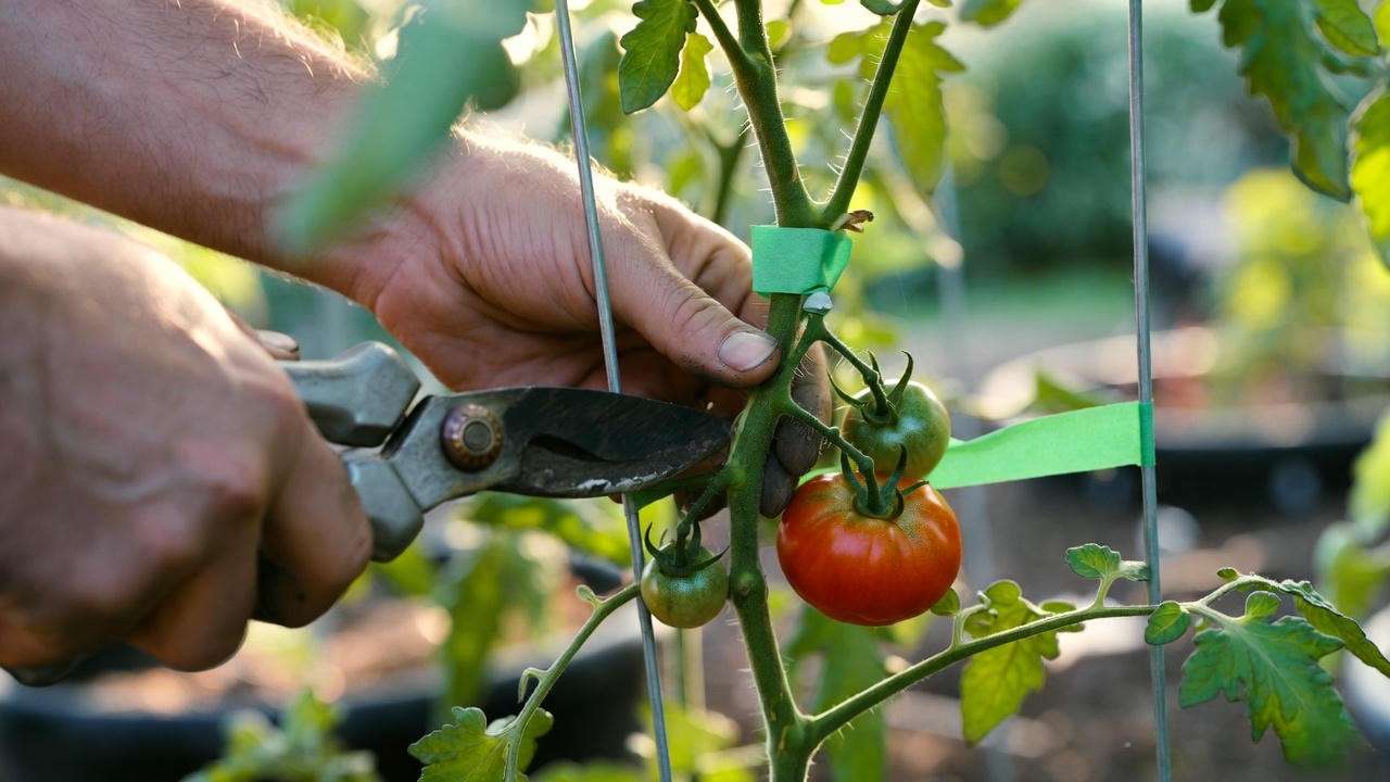 Pruning suckers and tying Black Prince tomato plant to sturdy cage for maximum yield