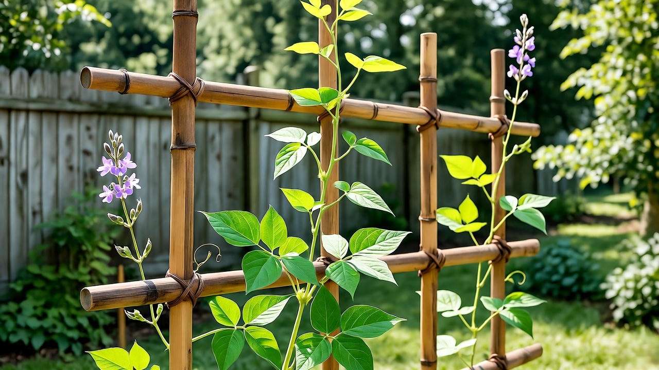 Bamboo trellis with pole navy bean plants and purple flowers in a sunny backyard."