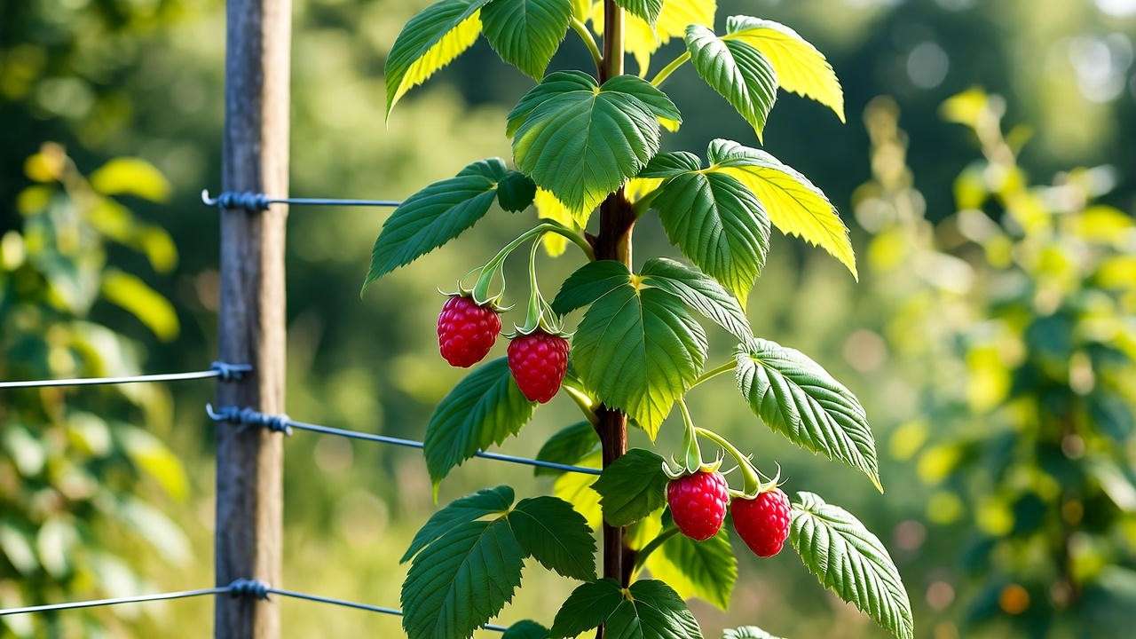 Raspberry Heritage plant supported by a wire trellis with green leaves and ripening berries in a lush garden."