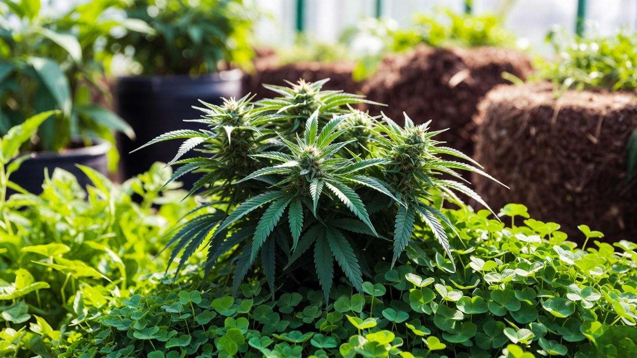 Sustainable cannabis grow with cover crops and compost bins.