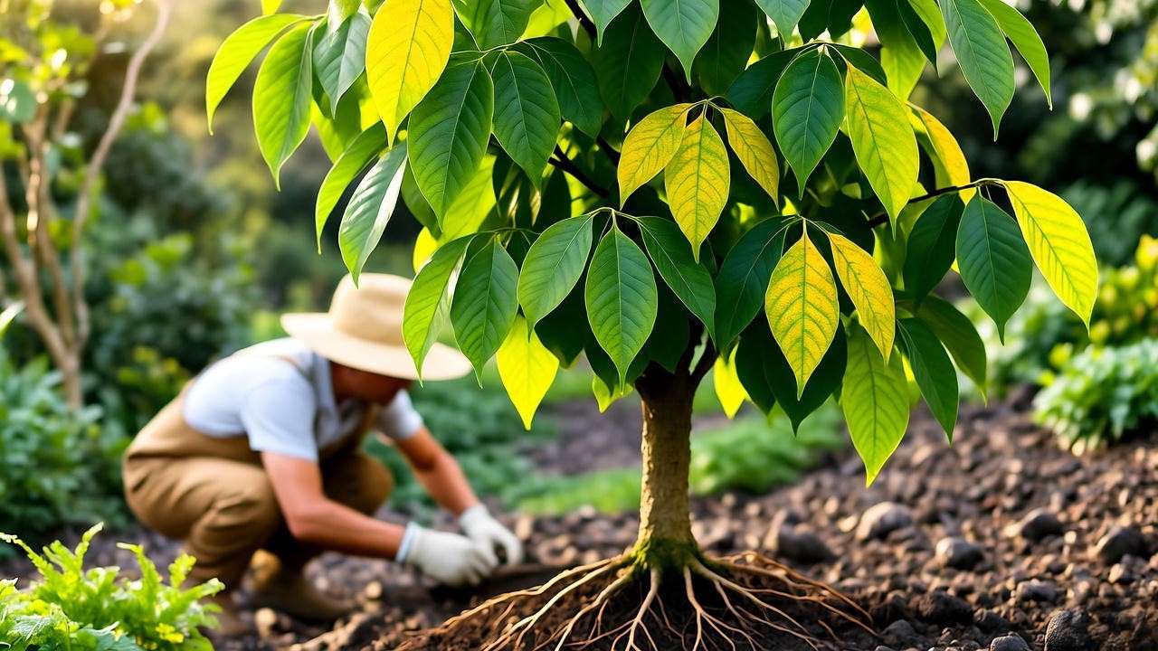 Gardener inspecting Tabebuia impetiginosa tree with yellowing leaves.