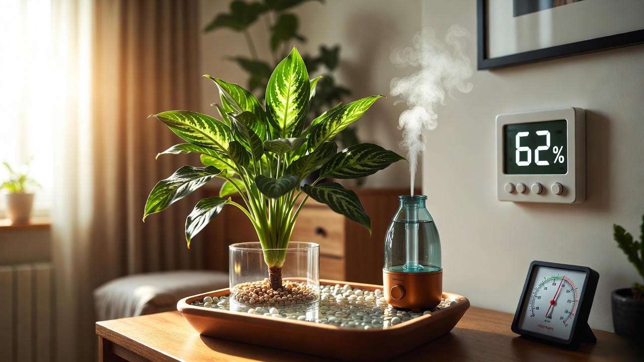 Increasing humidity for Aglaonema Maria with pebble tray and humidifier