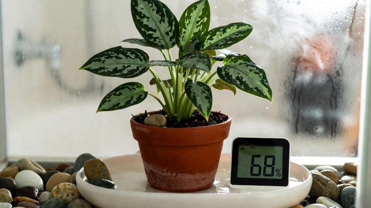 Boosting humidity for Aglaonema Silver Queen plant using pebble tray and hygrometer