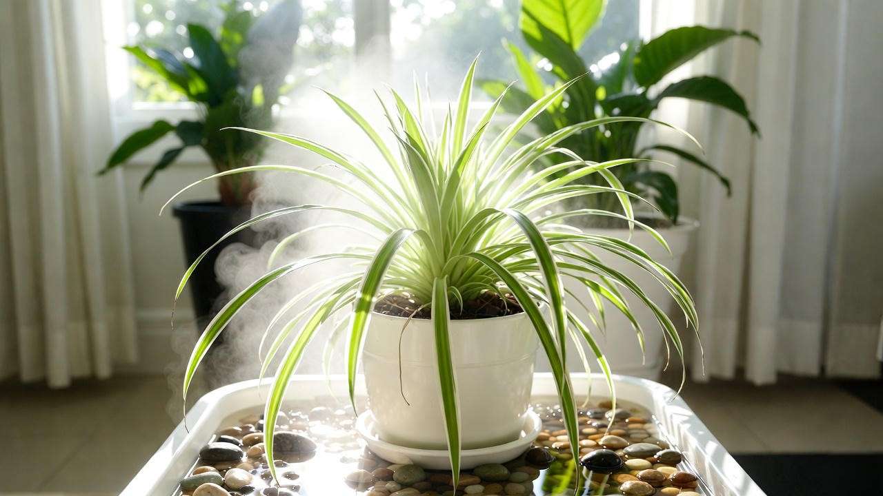 DIY pebble tray humidity boost for Hawaiian spider plant