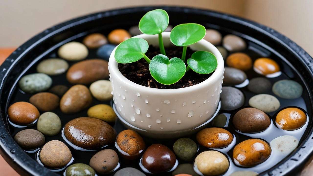 DIY pebble tray increasing humidity for indoor piggy back plant