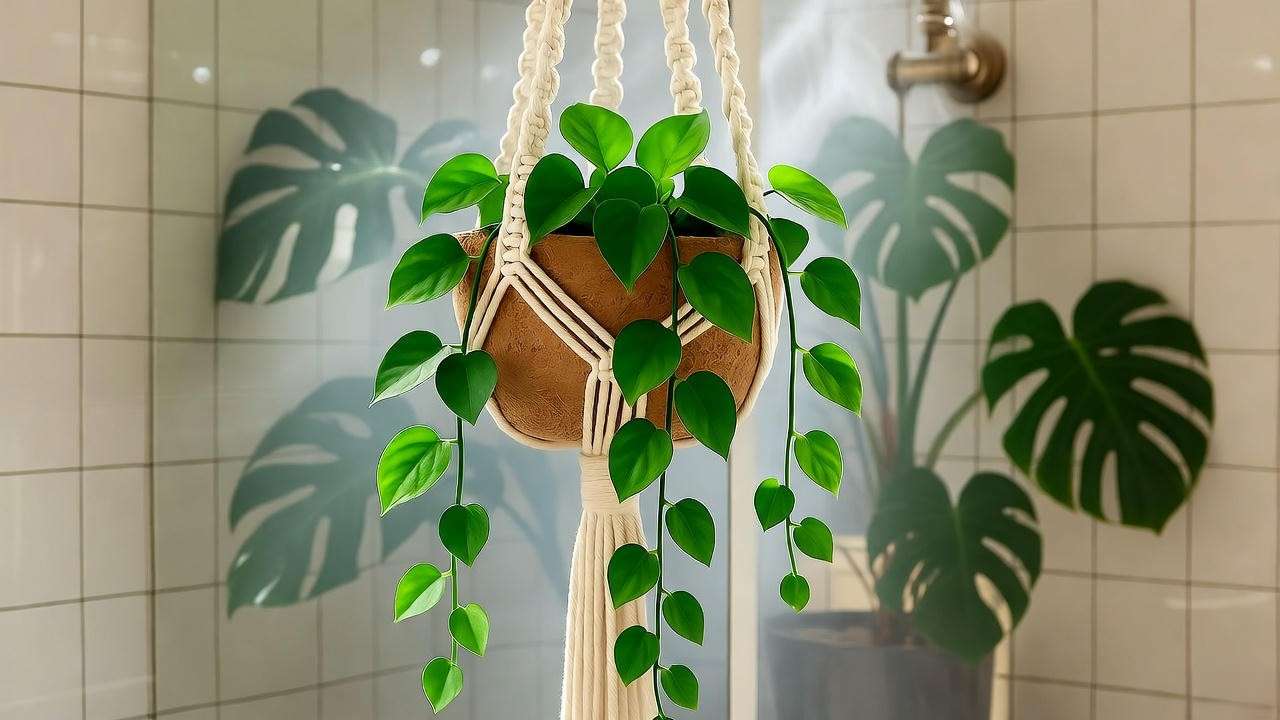 Piggy back plant in macramé hanging basket for bathroom decor