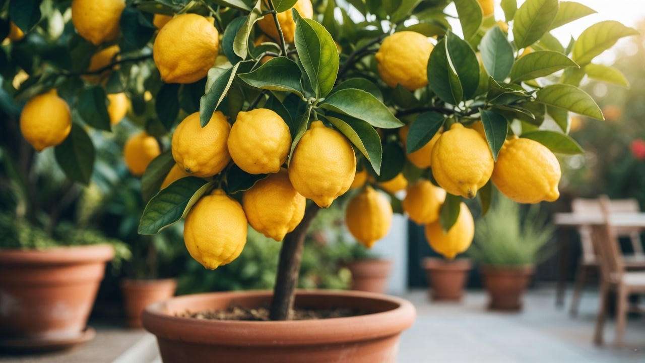 Meyer lemon tree loaded with ripe lemons in container on sunny patio